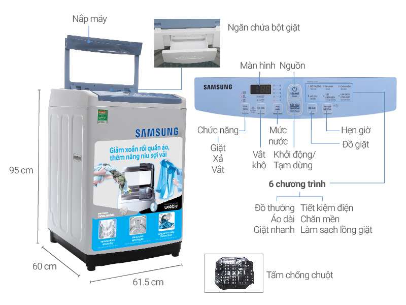 Thông số kỹ thuật Máy giặt Samsung 9 kg WA90M5120SW/SV
