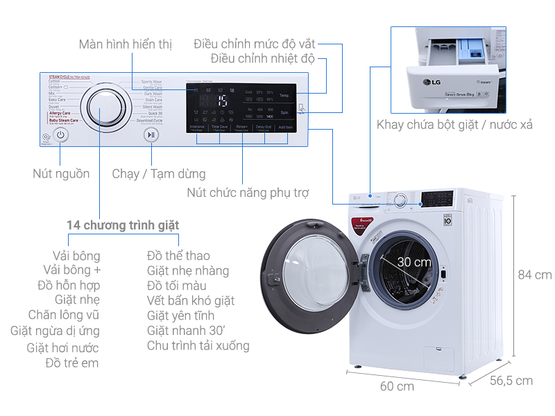 Thông số kỹ thuật Máy giặt LG Inverter 8 kg FC1408S4W2